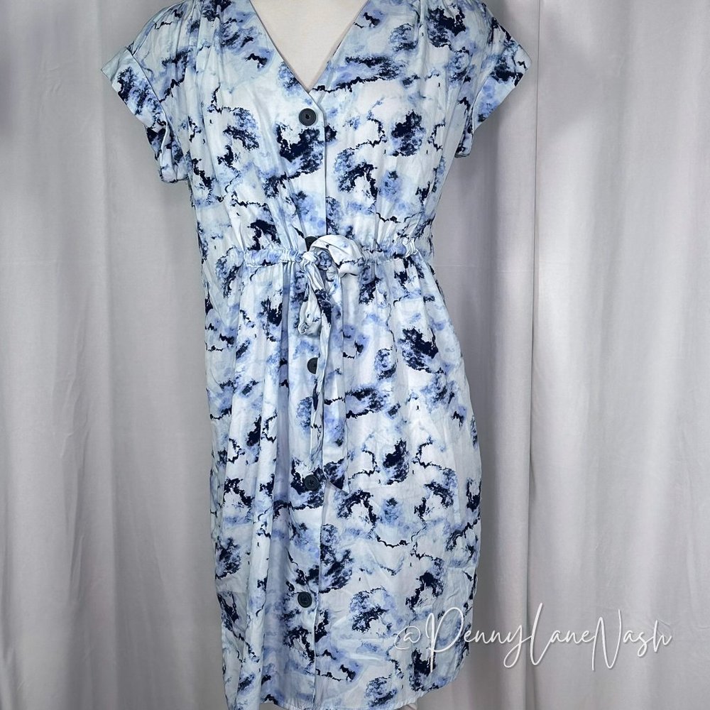 Rock & Republic Tie Dye Tie-Waist Shirt Dress Blue/White - Picture 3 of 13